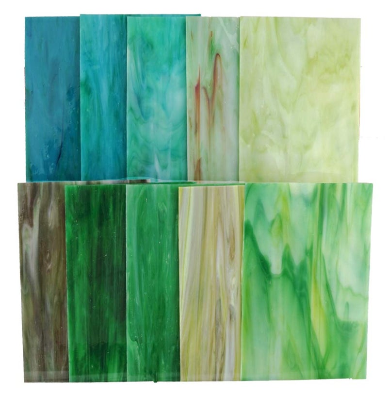 Lanyani 10 Sheets Variety Stained Glass Sheets Pack, 4 x 6 inch Large Cathedral Glass Mosaic Tiles for Crafts, Green Mixed - Image 5